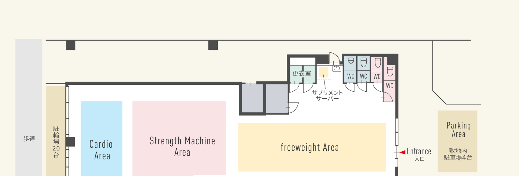 OneFit フロアマップ（Cardio Area / Strength Machine Area / freeweight Area / Stretch Area / Parking Area）